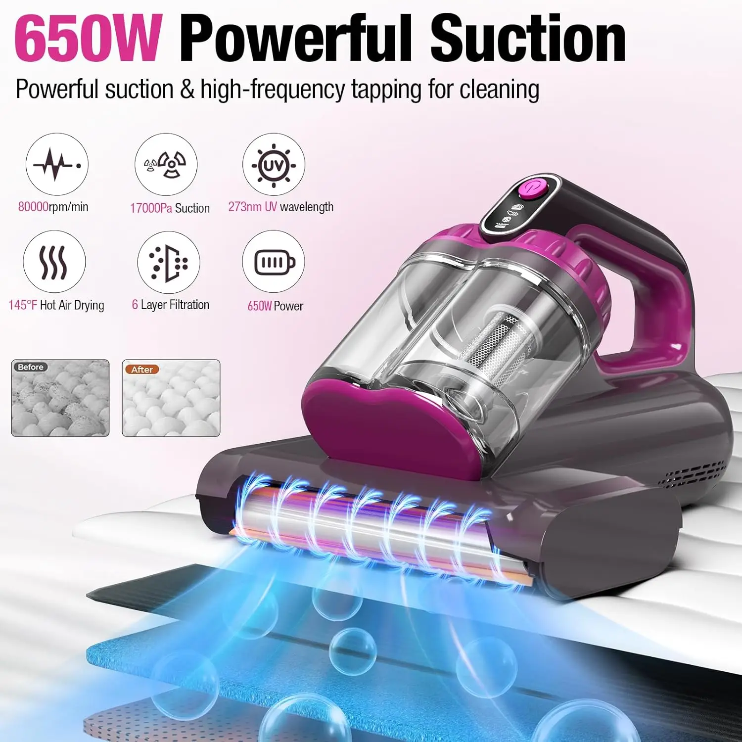 Mattress Vacuum Cleaner, 17Kpa 650W Bed Vacuum Cleaner, 273nm UV-C Light & Ultrasonic 145°F Heating, 80000 RPM/Min Brushroll