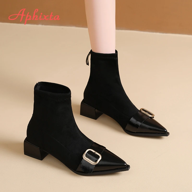 Aphixta Pointed Toe Sexy Women Ankle Boots 4.5cm Med Heels Woman Shoes Square Button Fashion Woman Boots Shoes Size 42 Footwear