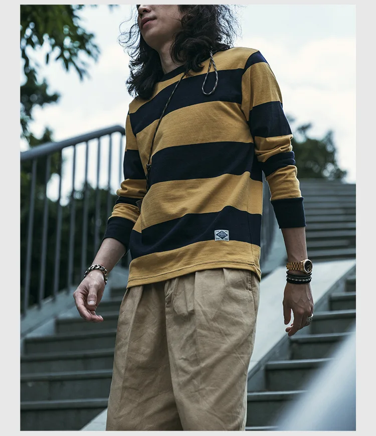 New Spring Men's Long Sve T-irt Heavyweight Yellow Blue Stripes Nautical Vintage Sle Cotton Casual round Ne Top