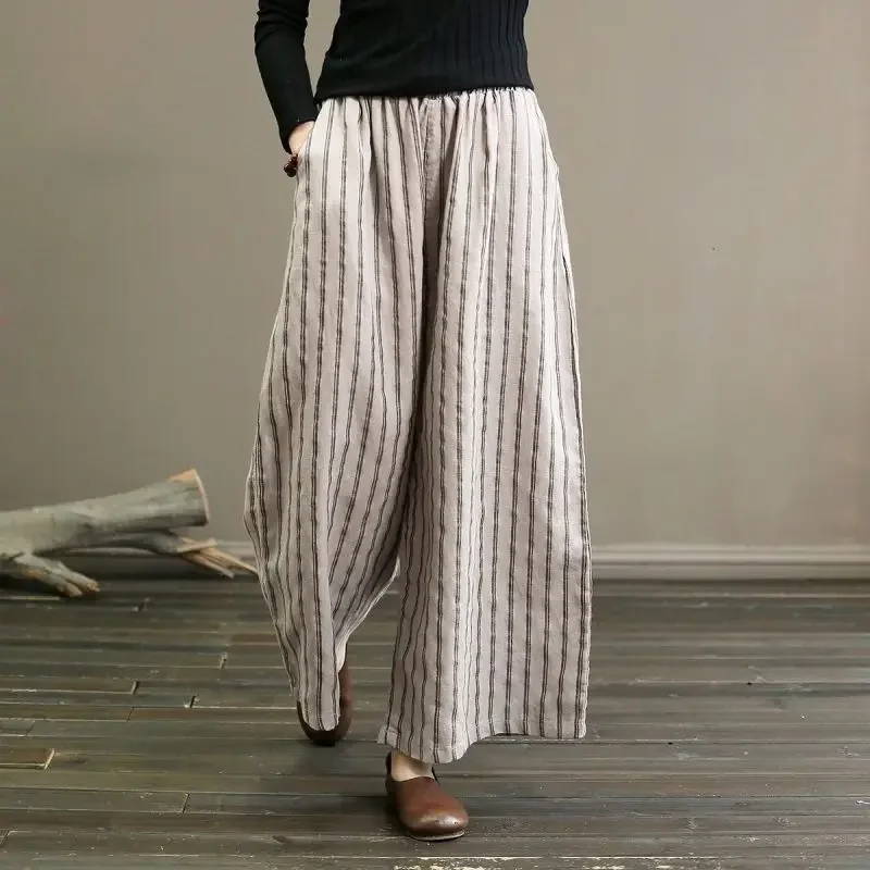 

New Spring and Summer Vintage Fashion Versatile Casual Loose Cotton and Hemp Stripe Nine Split Wide Leg Pants for Women Z679
