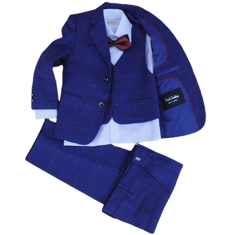 Boys Dress set Suit 4 Pieces jacket+vest+pants +bow tie Children Formal Suit Jacket Plaid high quality size 2years -12 years