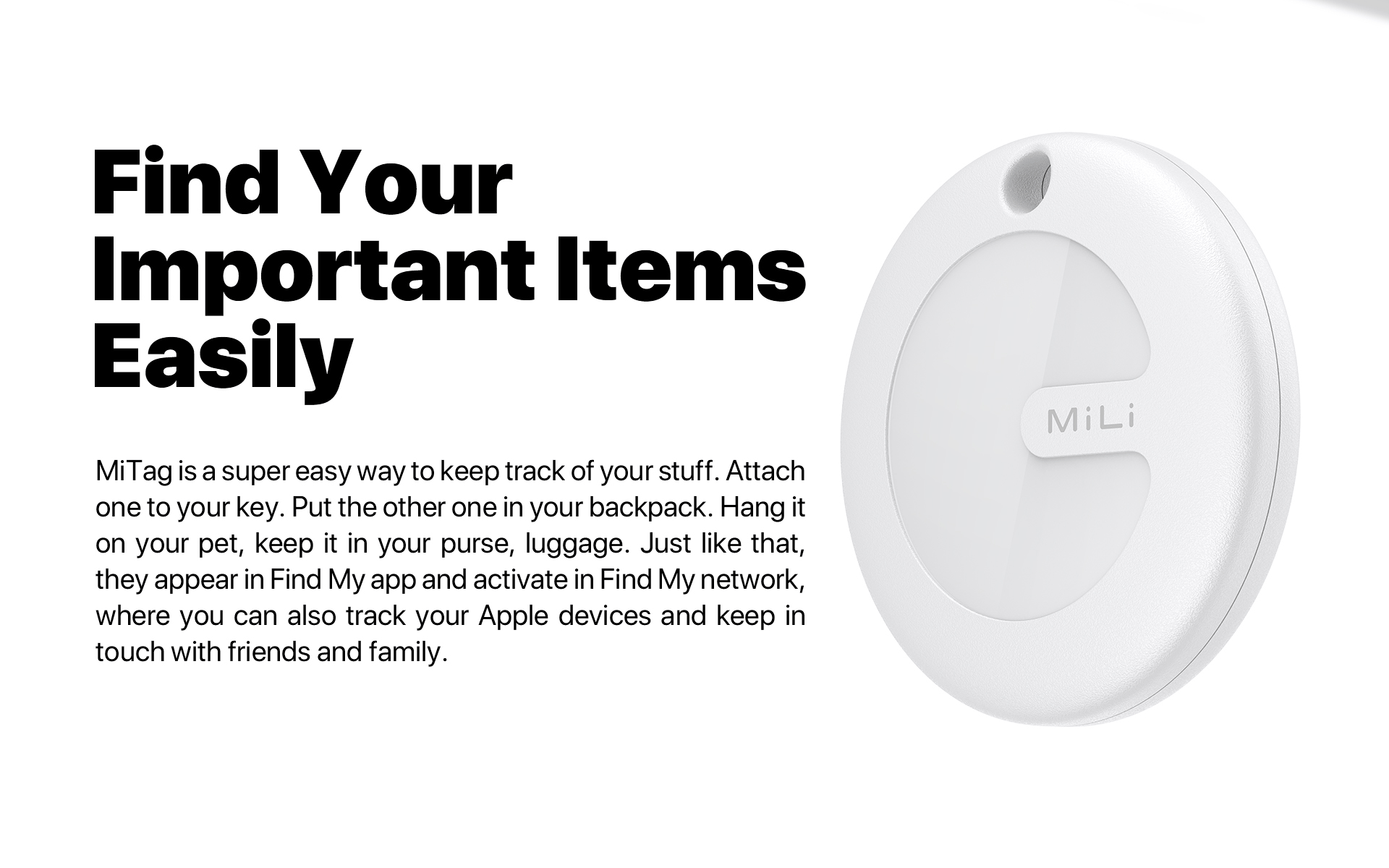 MiLi Mitag Lot de 2 étiquettes de suivi Bluetooth pour iOS, localisateur  d'articles compatible avec Apple Find My Bagages, tracker étanche IP67 pour