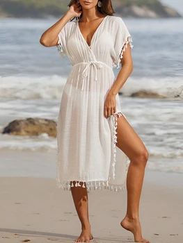 V Neck Tassels Short Sleeve Knitted Frenulum Tunic Beach Cover Up Bathing Suit Cover-ups Beach Dress Beach Wear Beachwear Female 1