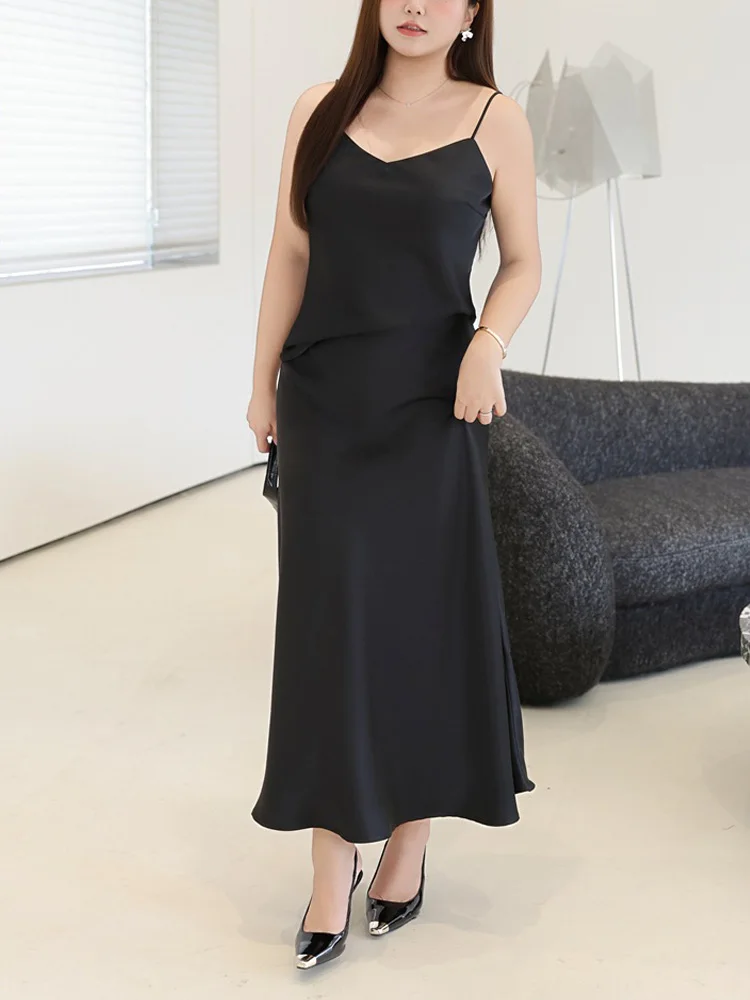 Plus Size Women's Set Premium Modern double-sided Satin High Waist Mermaid Skirt And Spaghetti Strap Camis Commuter 2pcs