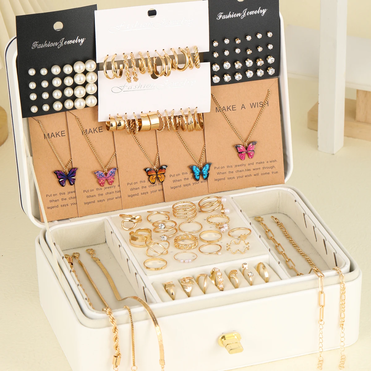 104 Pcs/Set Fashion Metal Pearl Zircon Earrings  Butterfly Necklaces Bracelets Rings Combinations Jewelry Sets For Women's Gifts