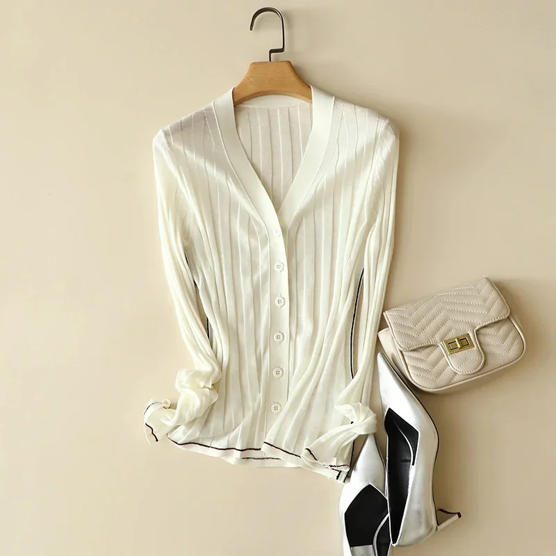 

Naizaiga 100 wool 16 pins thin spring autumn worsted V-neck gray black white Women slim Cardigans Girl Sweater KSN59