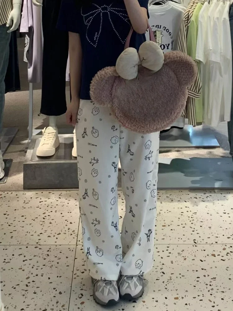HOUZHOU Y2k Kawaii Sweet High Straight Pants Women Japanese Style Harajuku Cute Cartoon Print Loose Trousers Soft Girl 2024 5