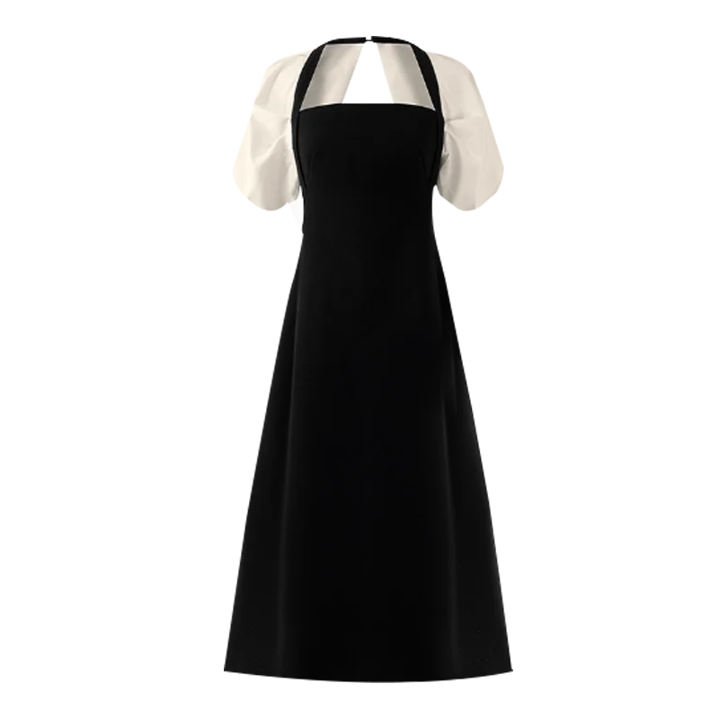 

Women's Fashionable and Elegant Square Neck Dress for Summer 2024 High-end Mid Length Bubble Sleeve Black Dress for Women L280