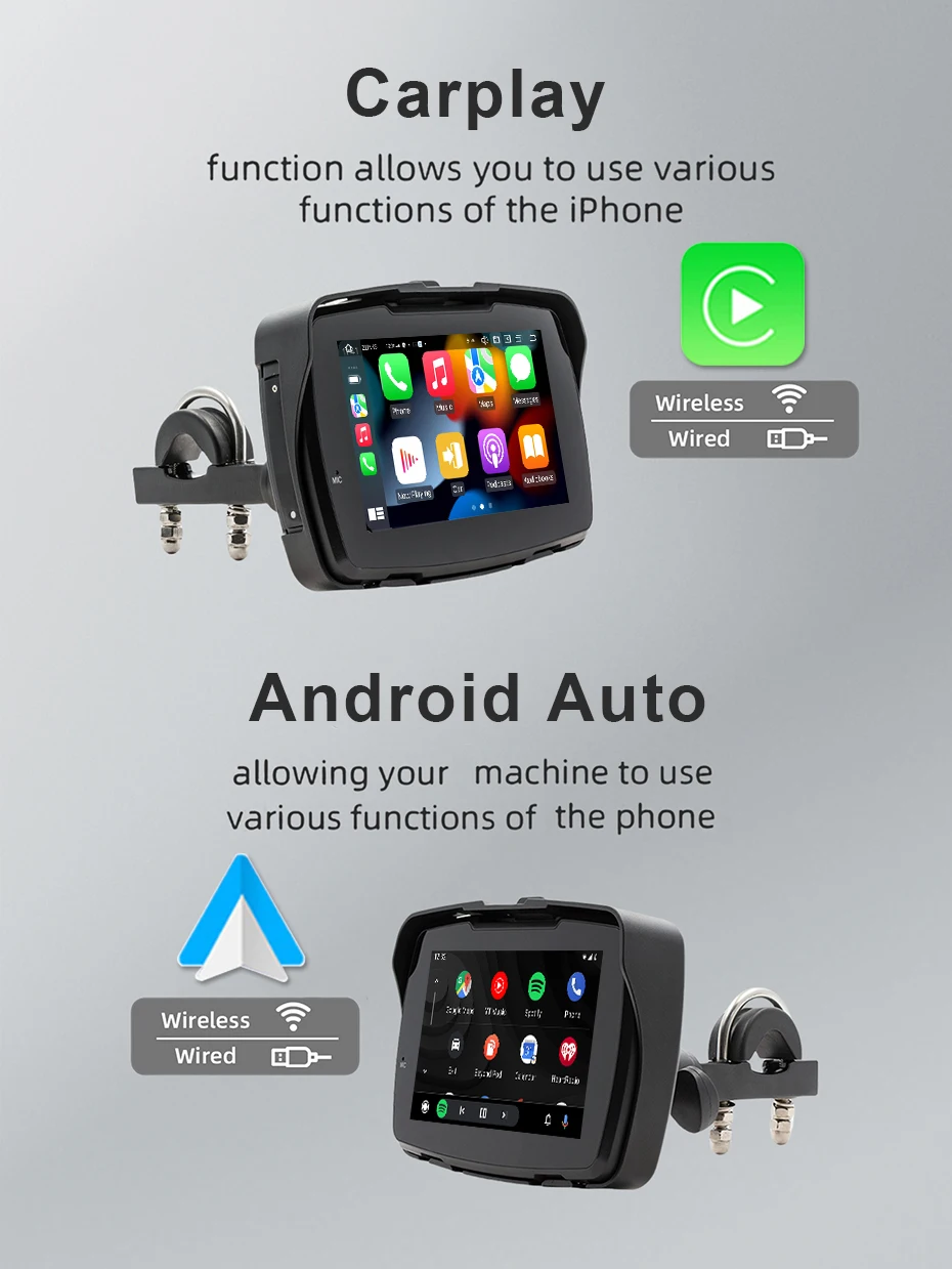 5 Zoll tragbares Motorrad-Navigations-GPS, kabelloses CarPlay, Android Auto Display, universeller Motorrad-Monitor, wasserdicht S5352 – Detail 1