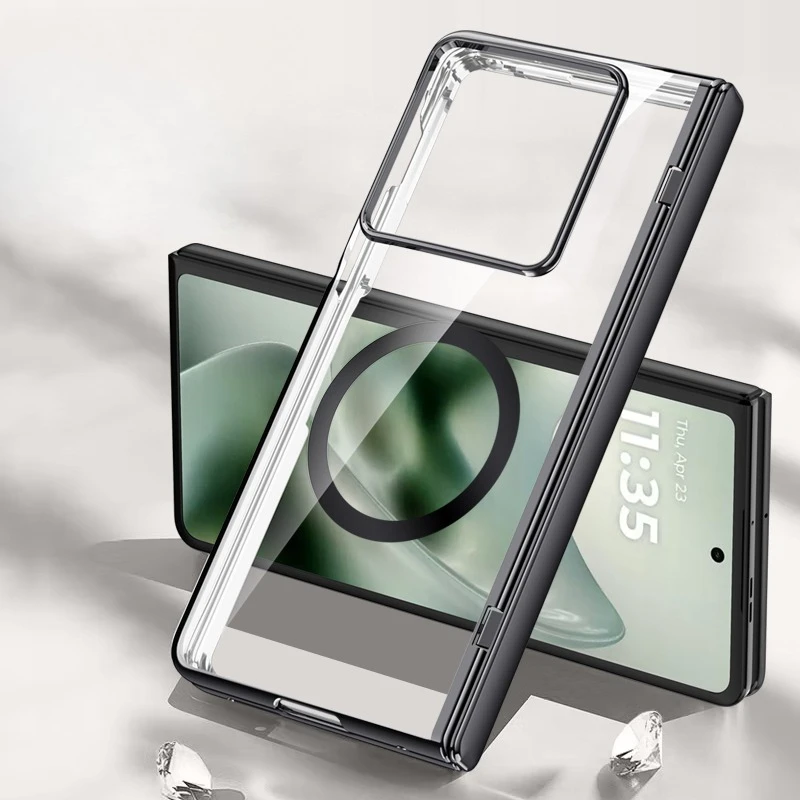 Magnetic Electroplated Foldable Phone Case with Hinge Protection, Kickstand, and Tempered Glass