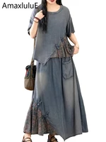 AmaxluluE Summer Suits Women Chinese 2 Pieces Sets Casual Loose Printed Denim Outfits Fashion Vintage Tops Big Size Floral Skirt