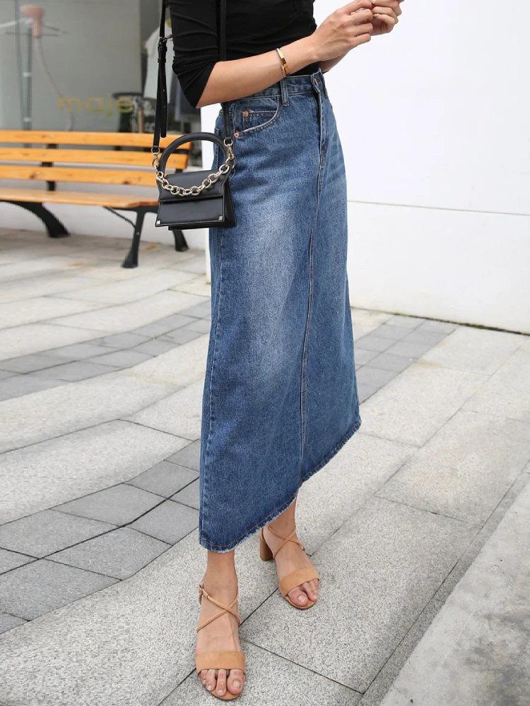 nike tennis skirt Denim Skirt Long Women Blue Solid A-line Skirts Fashion Lady Streetwear Casual Pocket High Waist Jeans Skirt Office Maxi Skirt satin skirt