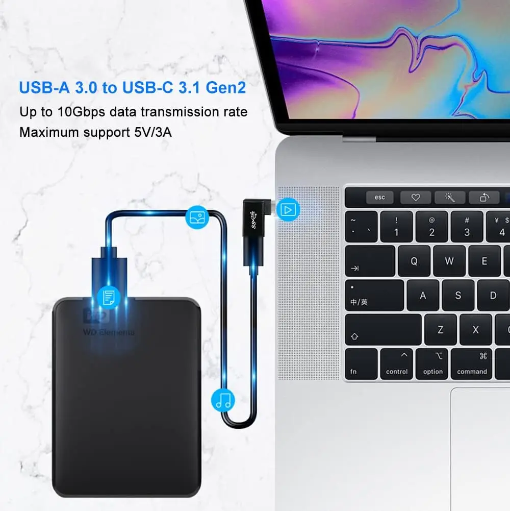 노트북 휴대폰용 오른쪽 왼쪽 각도 90 도 USB C 타입 3.1 수-USB 3.0 A 암, 10Gbps 데이터 충전 어댑터 커넥터, 2 개