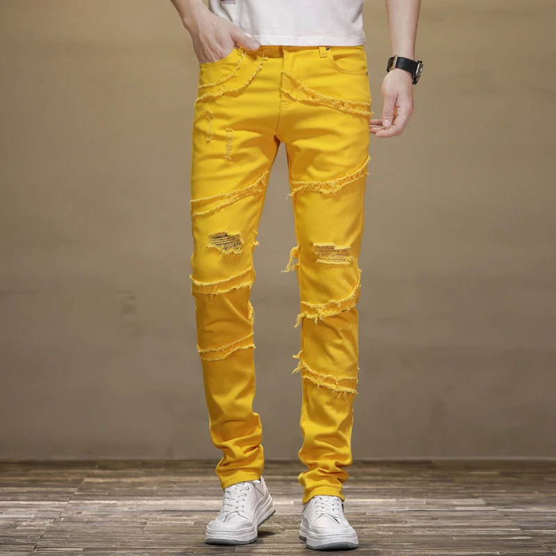 

Yellow Motorcycle Jeans Men2024New Style Frayed Stitching Ripped Personality Casual Stretch Slim Fit Skinny Long Pants