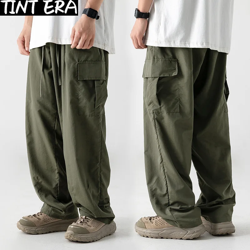 

TINT ERA Green Cargo Parachute Pants Men Oversize Trousers Male Japanese Outdoor Casual Loose Streetwear Hip Hop Safari Style