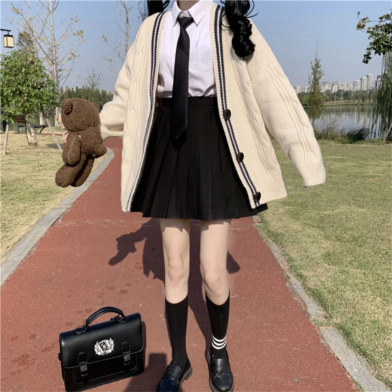 Japanese Student Girl College Style 100% V-neck Knitted Cotton Navy Cardigan Sweater Lazy Style Oversize School Uniform Full Set