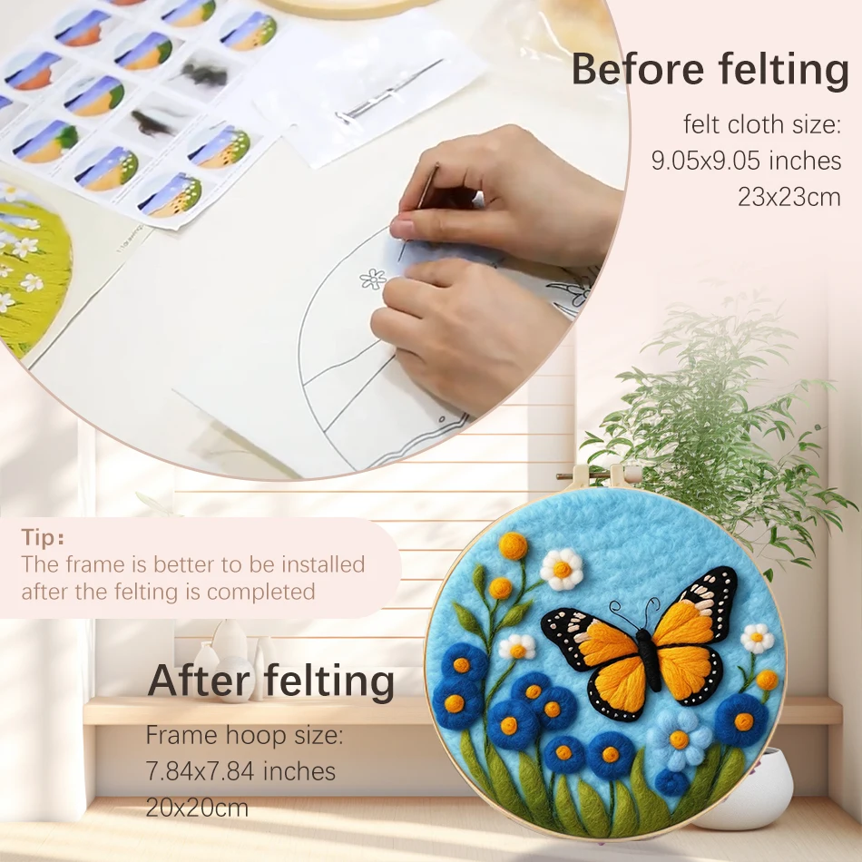 Wool Felting Kit 20x20cm Frame with Butterfly Needle Felting Painting for Beginner
