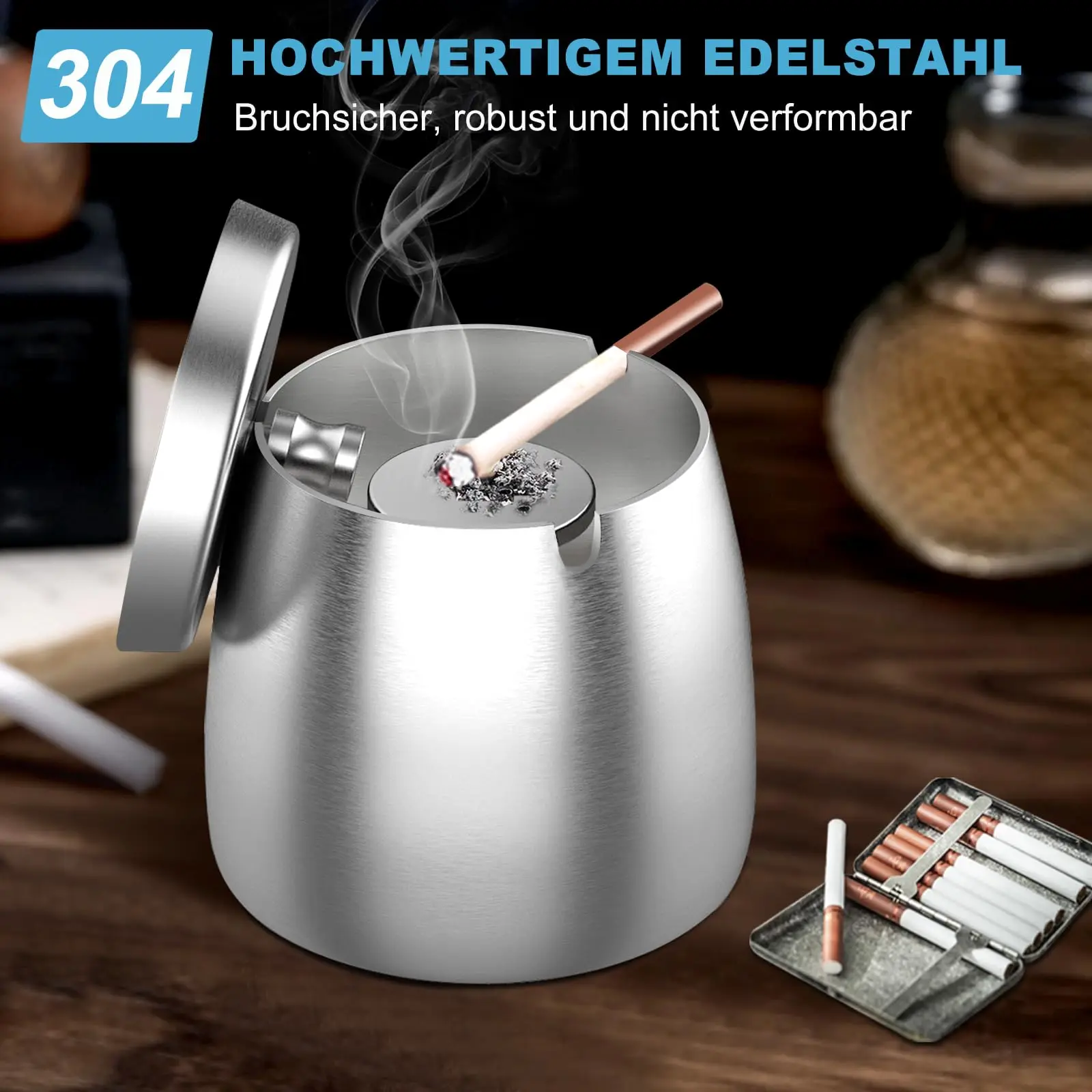 1PCS Stainless Steel Ashtray Lid Cigarettes Windproof Outdoor Cigar Ashtray Desktop Smoking Ash Holder Accessories