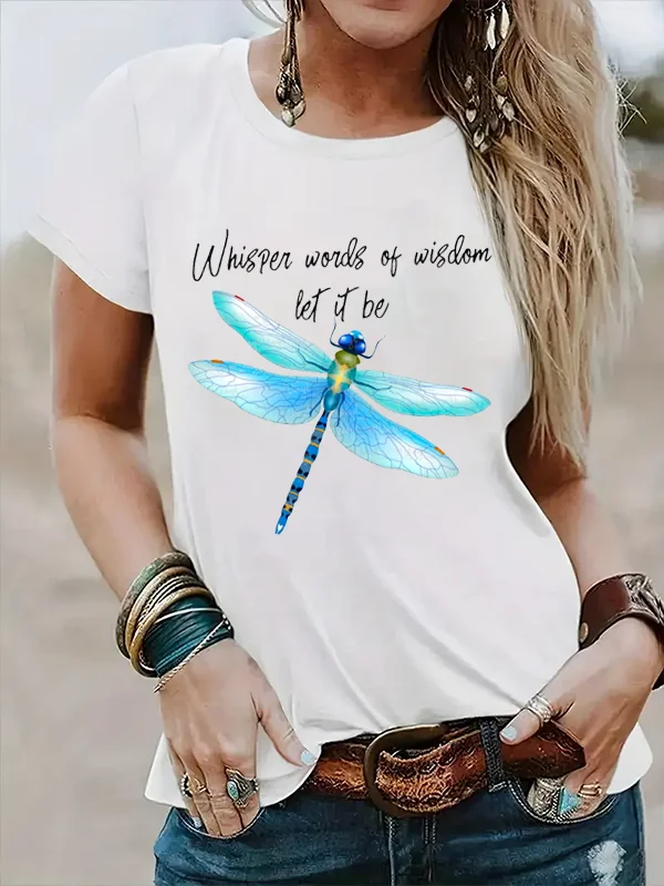 

Whisper Woeds of Wisdom Let It Be Individuality Slogan Women T-shirt Cyan Coloured Drawing Bamboo Dragonfly Print Voguish Shirt