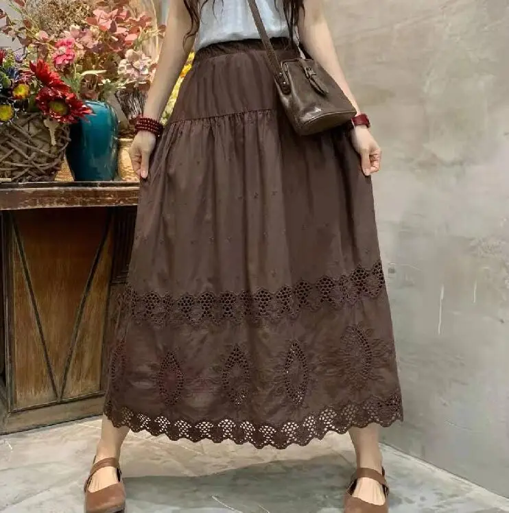 Ladies Skirt 2022 Summer Embroidery Cotton Linen Casual A line Hollow Out Casual Thin Long Skirt Female YoYiKamomo golf skirt Skirts