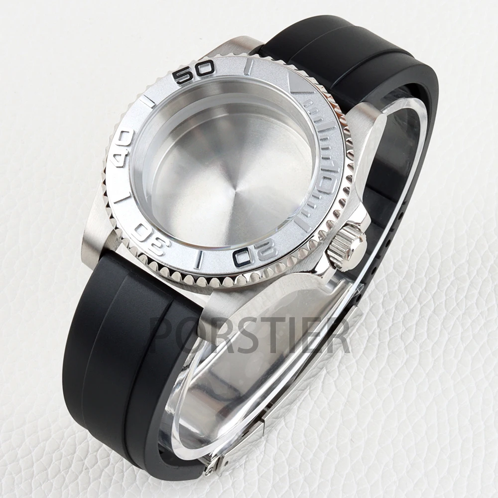 Stainless Steel 40mm Yacht Watch Case with Sapphire Glass & Rubber Strap - 100m Waterproof