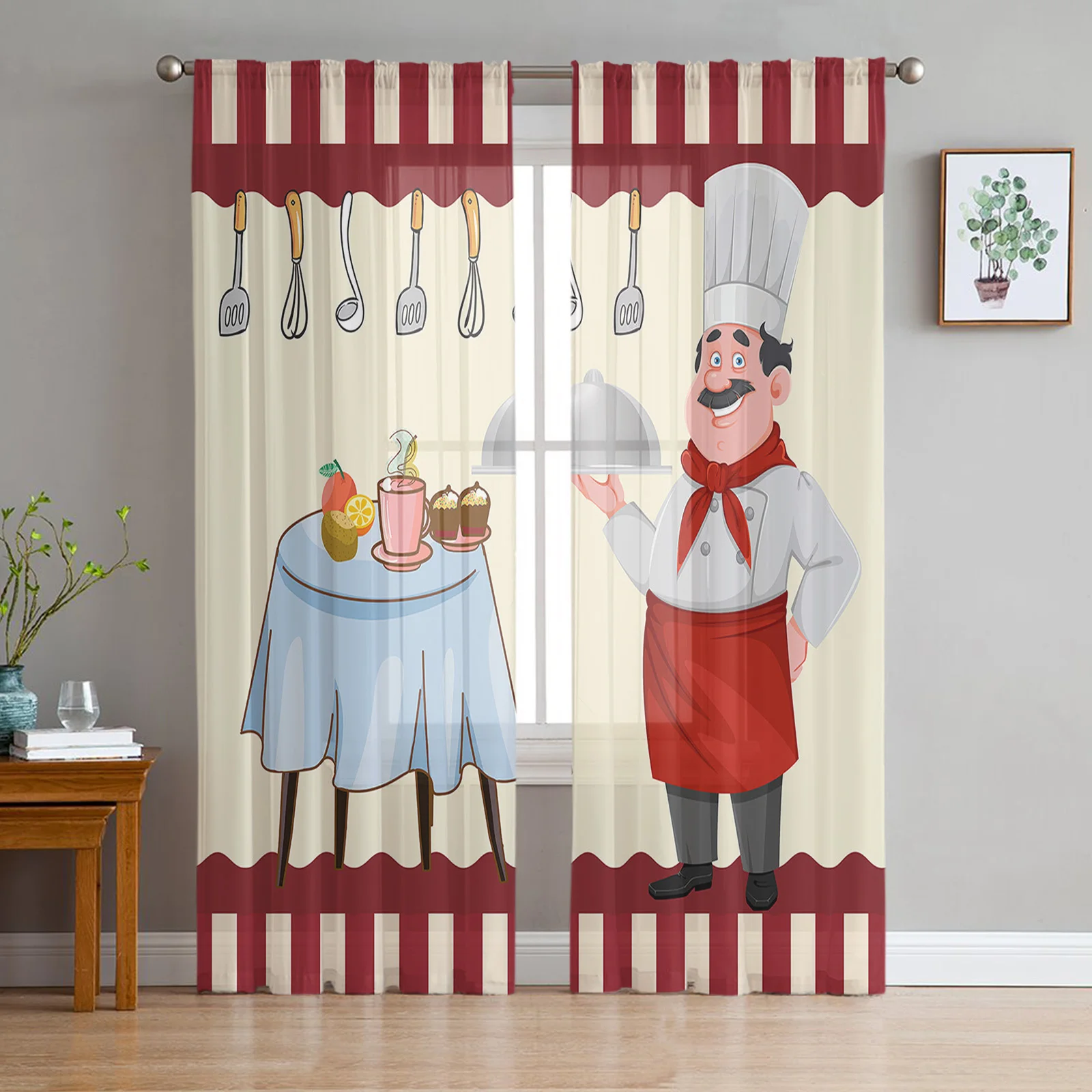 Red Kitchen Chef Knife And Fork Sheer Curtains For Living Room Bedroom