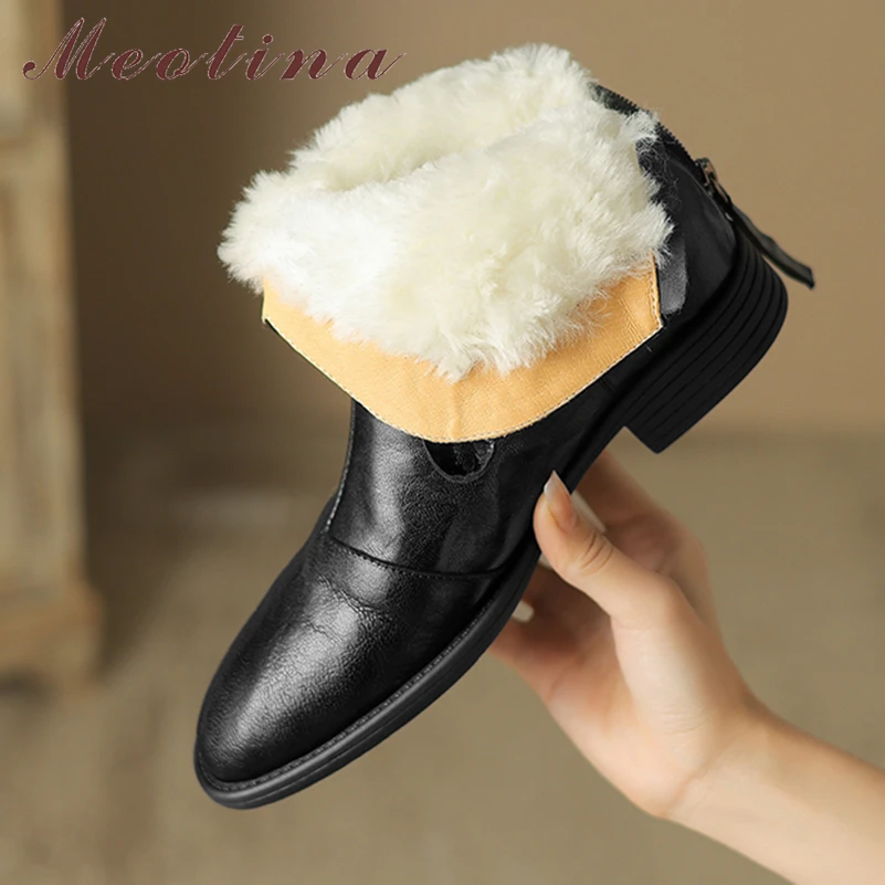 

Женские ботильоны из натуральной кожи Meotina, зимние полусапожки из натуральной воловьей кожи с круглым носком, на плоской подошве, на молнии, в западном стиле, 42