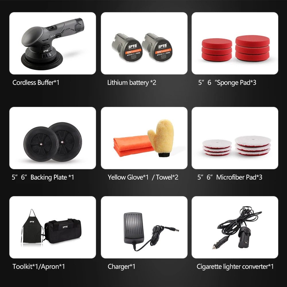 Car Polisher SPTA 12V Cordless Buffer Polisher 8mm Obrit DA Waxing Polisher with 2pcs 2.0Ah Battery Variable Speed Kit for Waxing