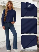 TACVASEN Women's Long Sleeve 5-Button Polo Shirts V-Neck Collared Tops Cotton Blend Casual Work Golf T-Shirts with Side Split - Image 4