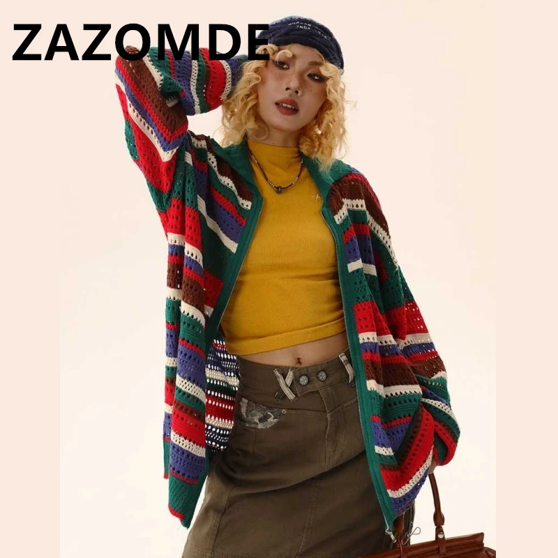 ZAZOMDE Knitwear Hollow Out Cardigan Sweater Trend Casual Tops Autumn Outerwear Korean Style Loose Couple Striped Sweater Coat