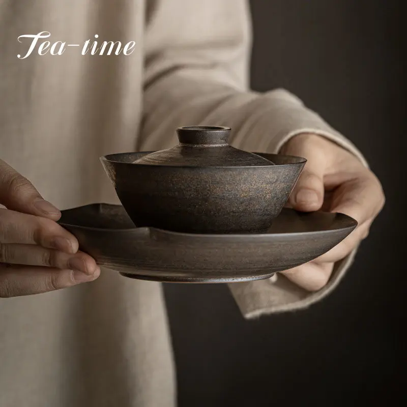 140ml Retro Rust Glaze Ceramic Tea Tureen Chinese Tea Maker Non-hot Gaiwan Handmade Coarse Pottery Bowl Creative Teaware Set