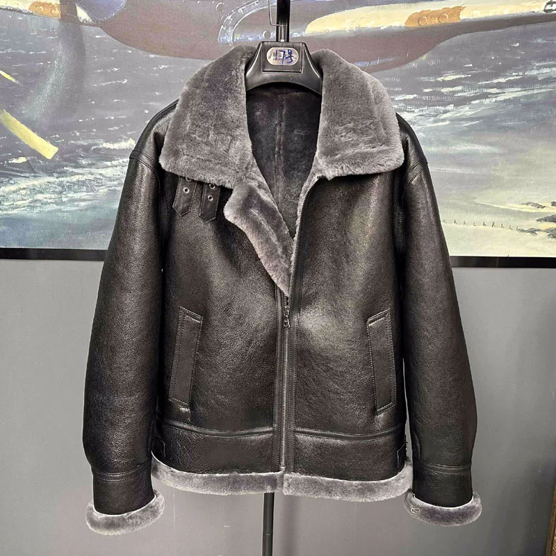 

2024 Men's Winter Coat Genuine Real Leather Sheepskin Shearling Jacket for Male Grey Wool Liner Black Plus Oversize 6xl 7xl 8xl