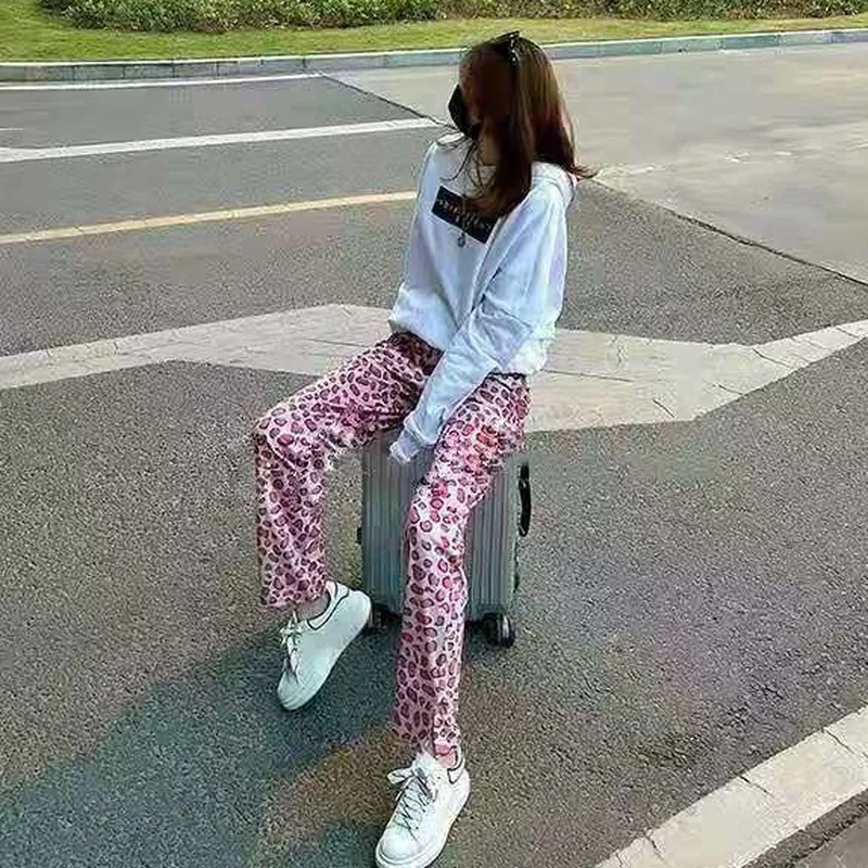 New Full Length Loose Design Fall BF Trendy College Straight Trousers 2024 Women Casual  Pink Leopard Pants Streetwear Ulzzang
