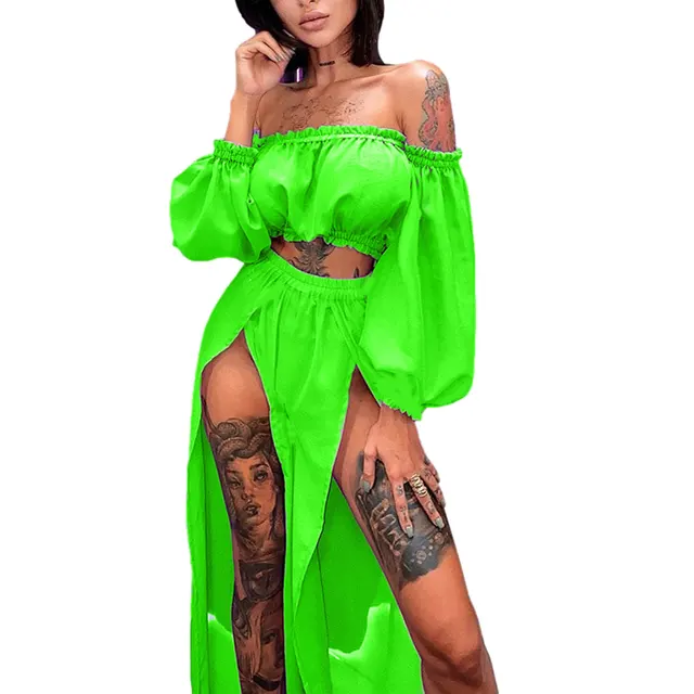 new Women's Clothing Set Off Shoulder Long Sleeve Tops and Cover Up Skirt Two-piece Suit for Travelling Beach Vacation Fluorescent Green