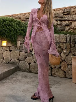 Sexy Chiffon Elegant V Neck Printed Beach Cardigan Shirt Long Maxi Skirt Women Two Piece Set Bandage Ruffles Thin Matching Suit