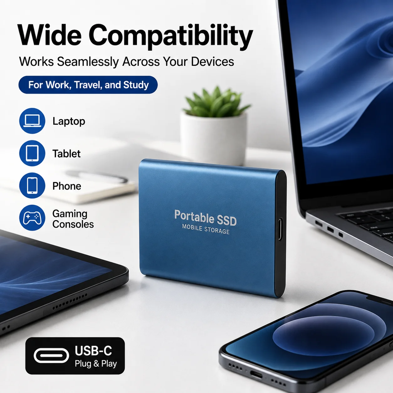 External SSD 1TB 2TB Portable Solid State Drive USB3.2 Type-C File Store for Laptop Mac Computer 3