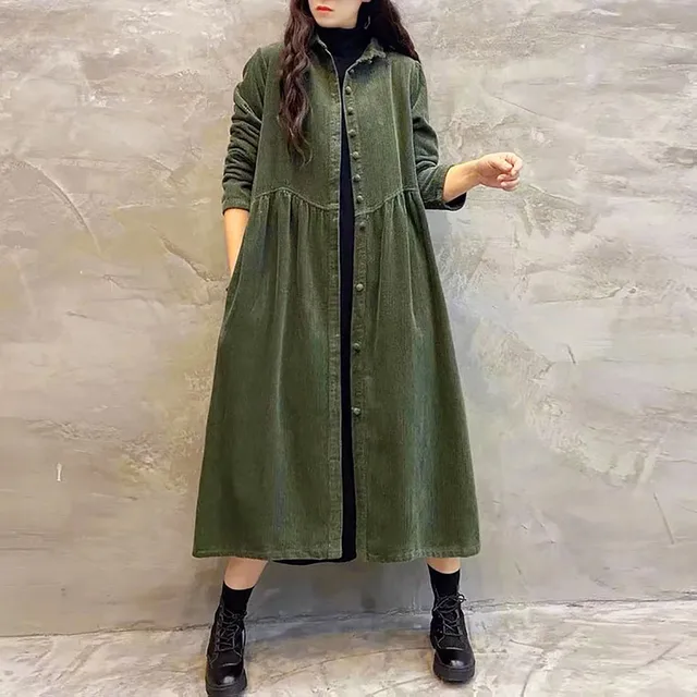 Autumn Winter Thick Corduroy Dress for Women Vintage Solid Casual Loose Long Sleeve Button Shirt Maxi Dress Cardigan Tunic Tops 1
