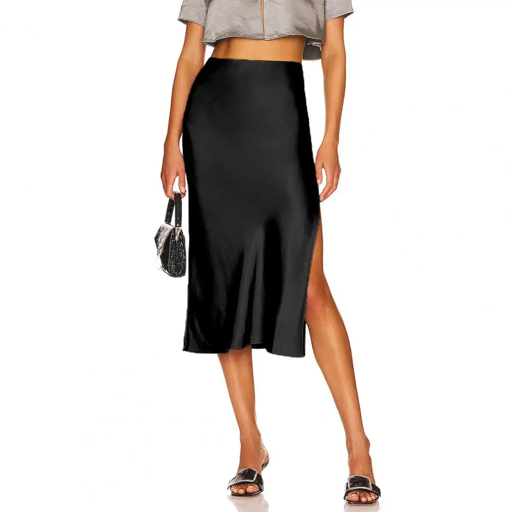 

Women Summer Skirt High Waist A-Line Midi Skirt Solid Color Side Slit Design Smooth Satin Mid-calf Skirt All-Day Wear