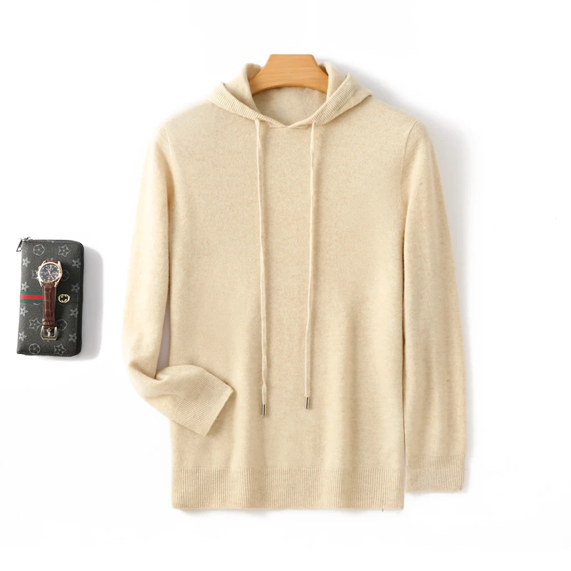 Autumn and winter cashmere sweater men's hooded loose sweater 100% pure wool solid color bottoming sweater 5