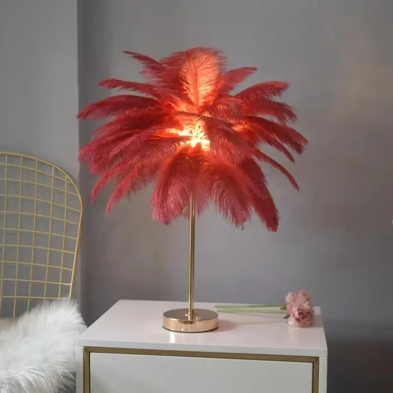 Modern nordic feather tree lamp ostrich feather table pink white bedside lamps romantic table lamp wedding