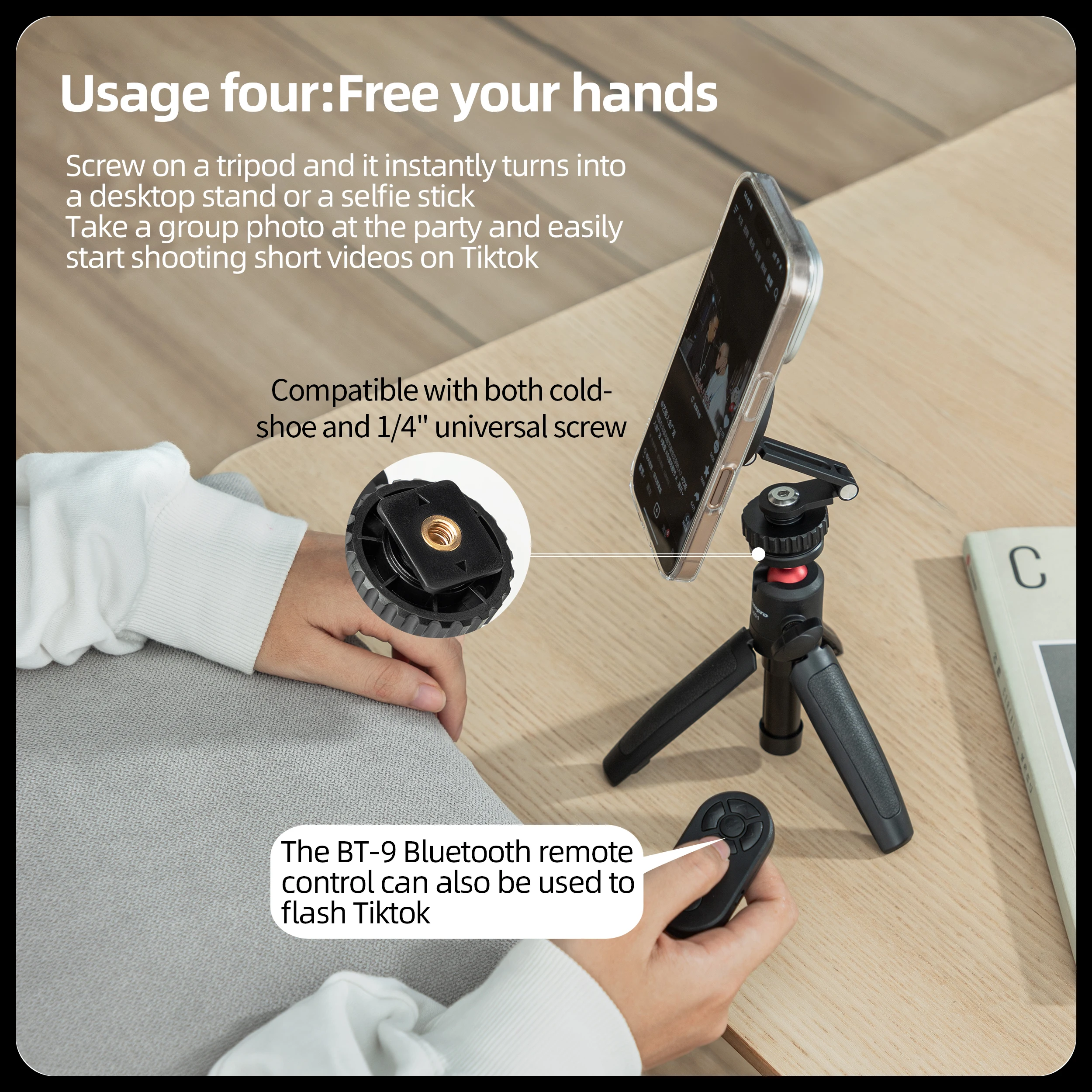 Fotopro SJ-91C 마그네틱 폰 삼각대 마운트 (마그세이프 알루미늄 카메라 마운트, 1/4인치 나사, 콜드 슈 포함)