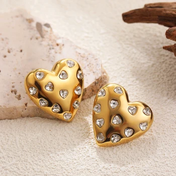 Vintage Stainless Steel Heart Earrings for Women 18K Gold Plated with Rhinestone Big Heart Shape Drop Earring Fashion Jewelry