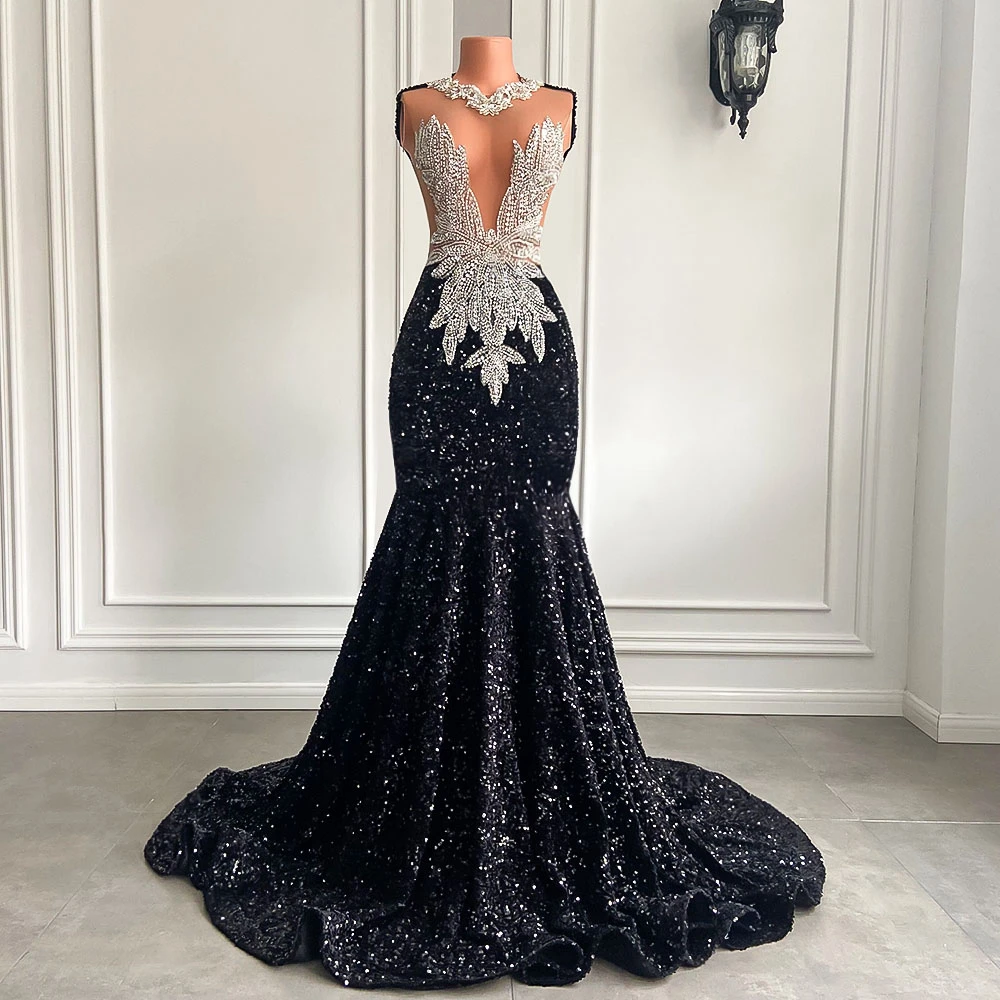 

Long Black Prom Dresses 2024 Sexy Mermaid Style Luxury Sparkly Beaded Diamond Sequined African Girl Prom Gala Formal Gowns