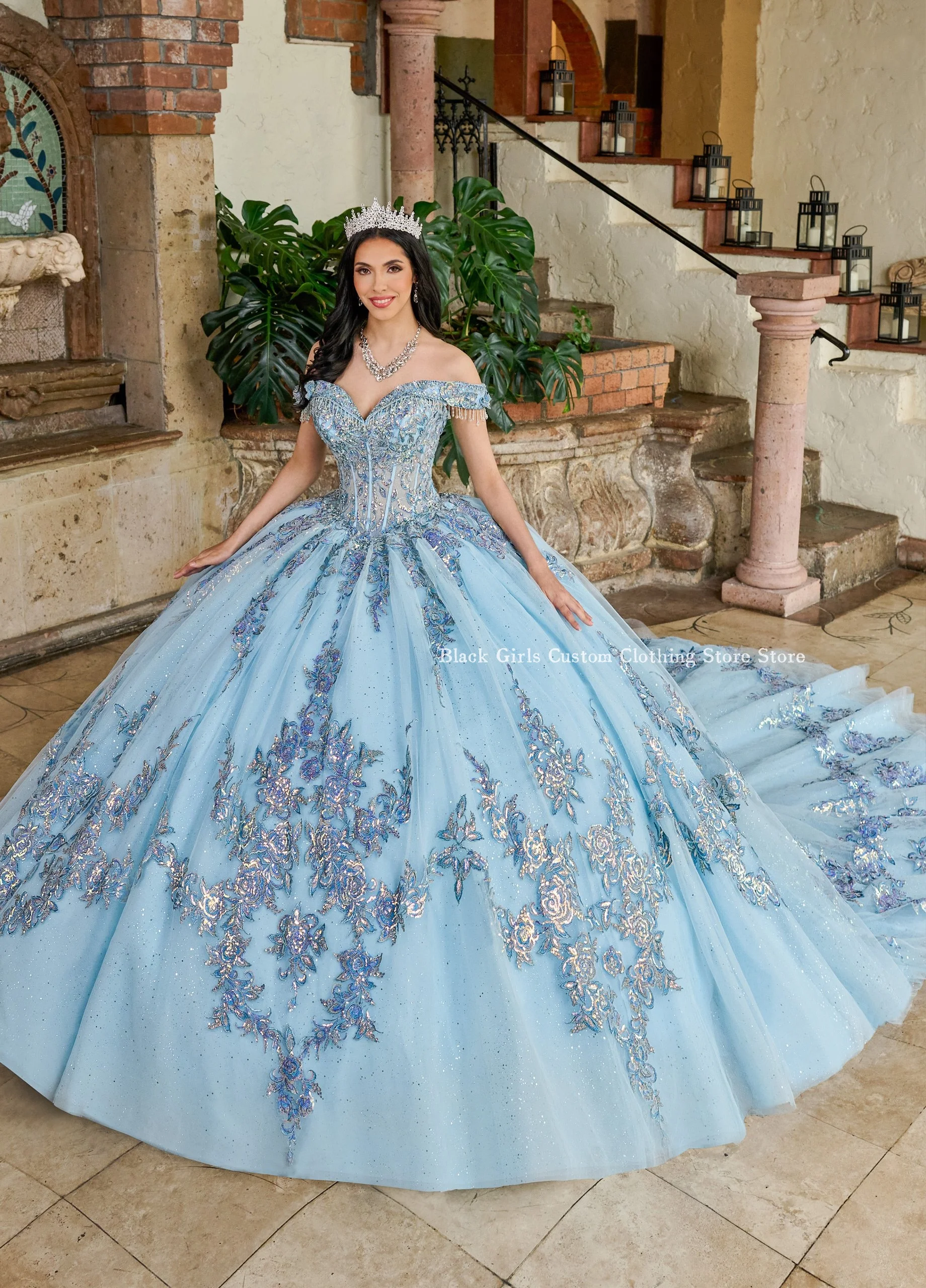 Sky blue Ball Gowns One-shoulder Sheer Fishbone Corset Beaded Appliques vestidos en oferta liquidaci&oacute;n env&iacute;o gratis Custom