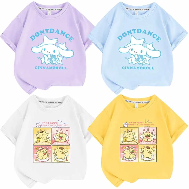

Sanrios Anime Cartoon Children Short Sleeve Cinnamoroll Purin Dog Cute Boys Girls Summer Clothing Tops Half Sleeves T-shirt
