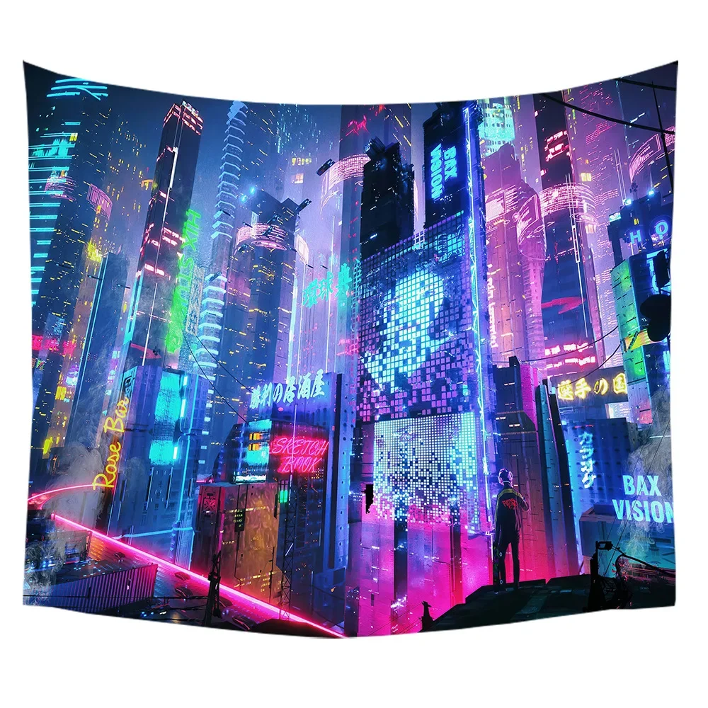 Cyberpunk Neo Futuristic Poster Tapestry Psychedelic Fantasy City Cyberspace Neon Good Vibes Only Art Game Room Kids Bedroom