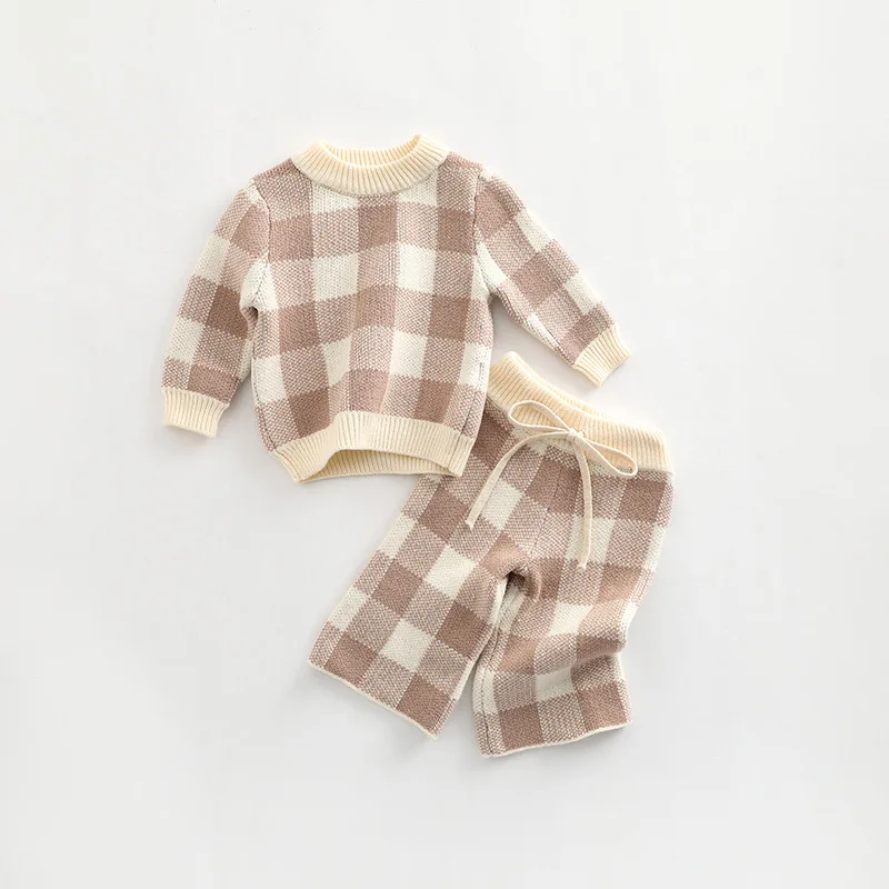 

4285E Baby Clothing Set Knitted Plaid Suit 2023 Spring Autumn Soft Cotton Girl's Two Piece Suit Sweater + Wide Leg Harem Pant