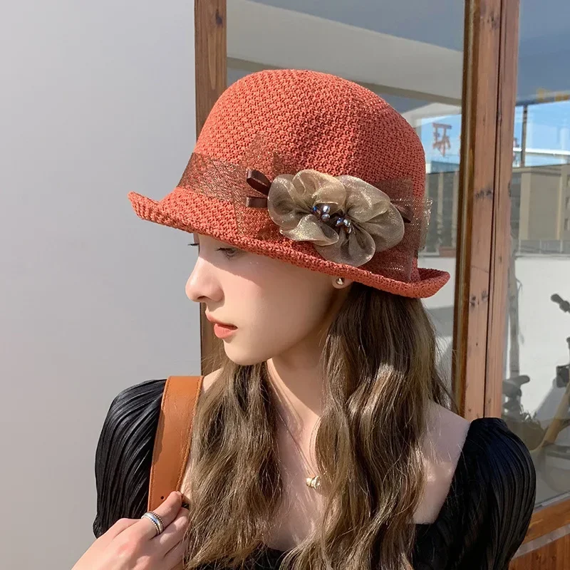 1 Stück Version Sommer Neue Frauen Strick atmungsaktive Blume Fischer Hut Outdoor Sonnenschirm Sonnenschutz Curly Edge Kurz-Rand Hut – Detail 6