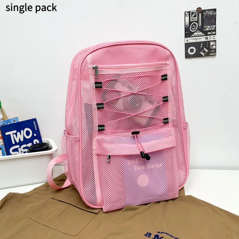 Trendy Outdoor Sports Beach Transparent Mesh Backpack Summer Double Shoulder Bag for High School Students with Big Capacity