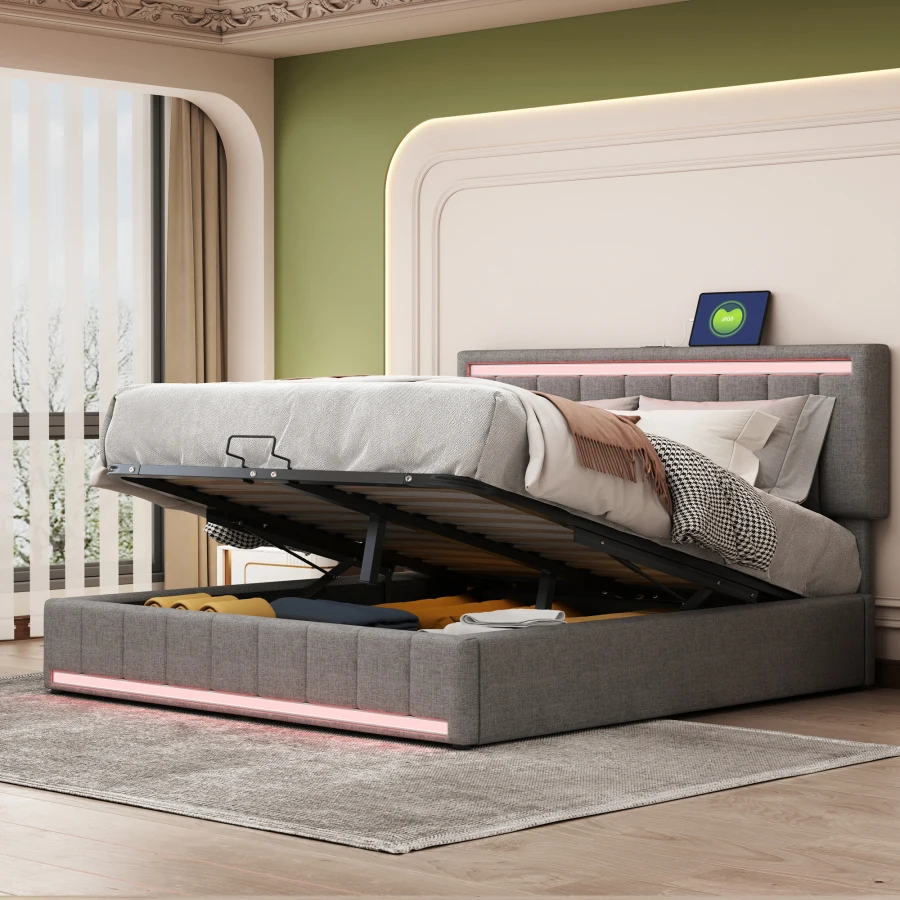 LED Bed Frame Floating Bed Frame Queen LED Bed with Storage Space
